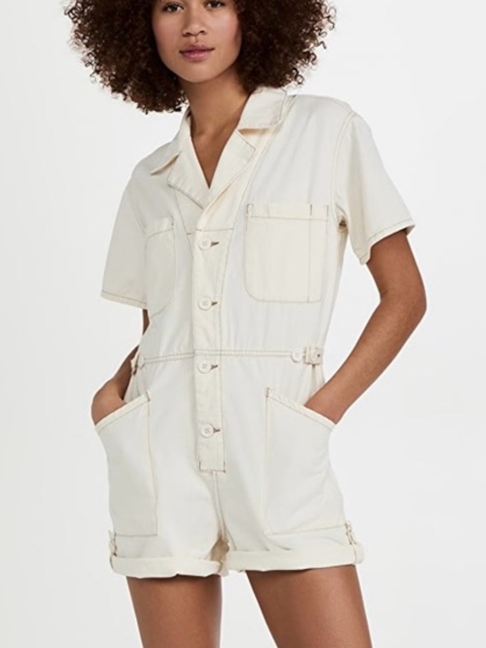 Pistola Parker Field Suit Romper Utility Shorts Jumpsuit Ecru Medium 100% Cotton
